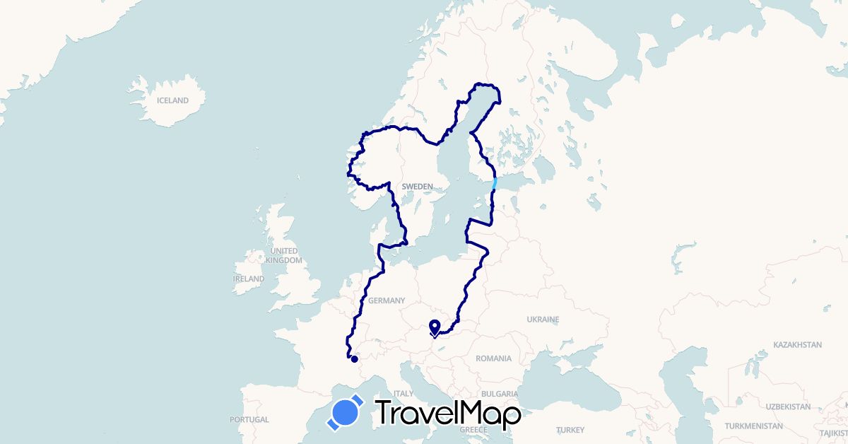 TravelMap itinerary: driving, boat in Austria, Germany, Denmark, Estonia, Finland, France, Lithuania, Latvia, Norway, Poland, Sweden, Slovakia (Europe)